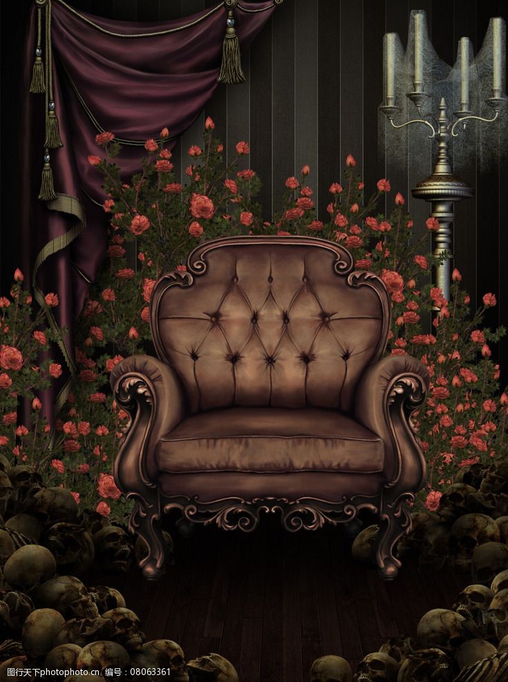 画意素材 动漫 玫瑰花朵 玫瑰花 花朵 花 沙发 烛台 幕布 骷髅 风景