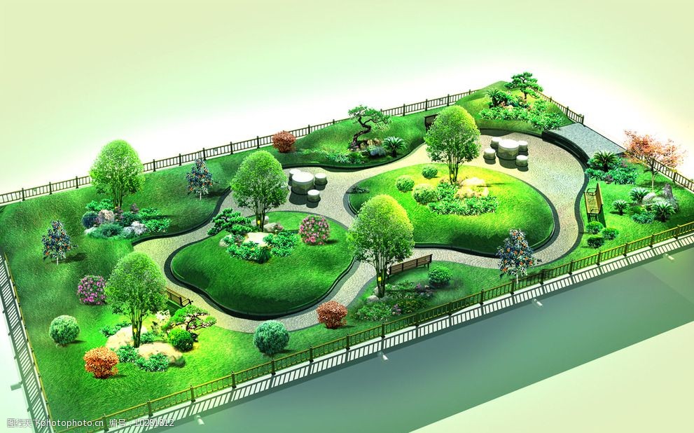 鲜花 草地 石头 树木 浅绿色背景 景观设计 环境设计 设计 200dpi psd